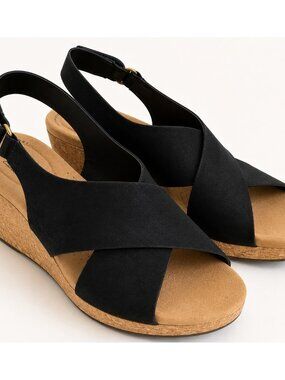 Clarks Collection Cushion Soft Black Leather Cross Strap Wedge Sandals Women's